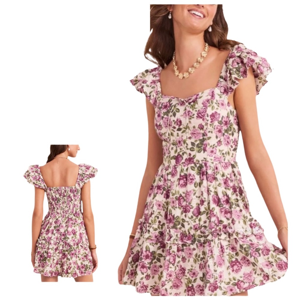 Crystal Doll Pink Floral Print Flutter Sleeve Dress Large Smocked Back NWT